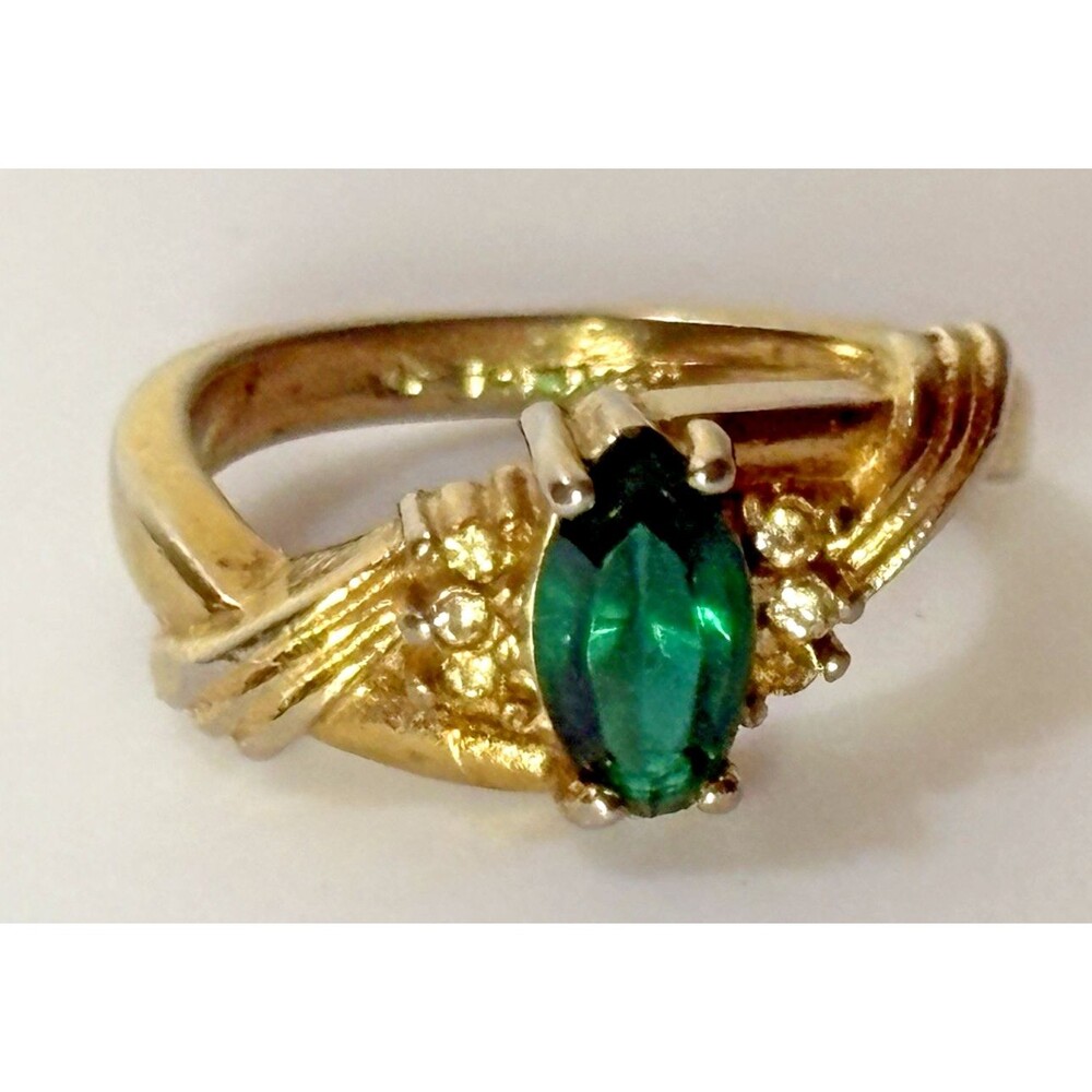 Womens Size 7 Marquise-Cut Faux Emerald &Clear Rhinestones Ring 14K GE